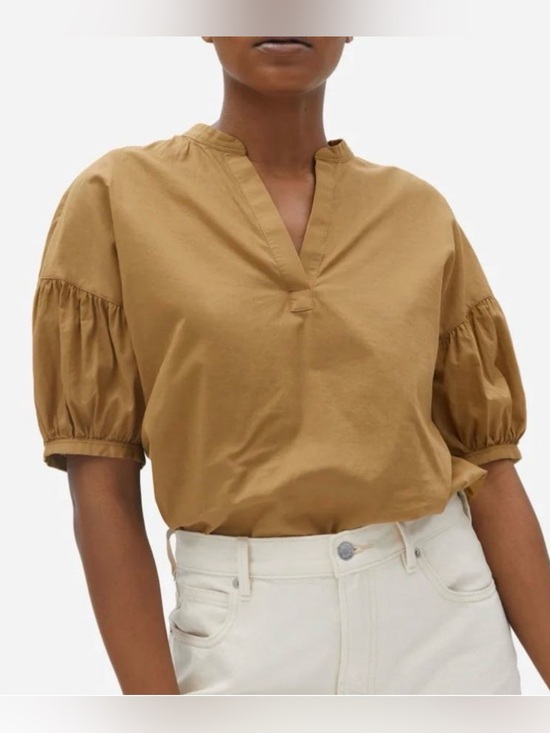 Everlane Tops - Everlane Puff-Sleeve Split-Neck Top in Camel Brown